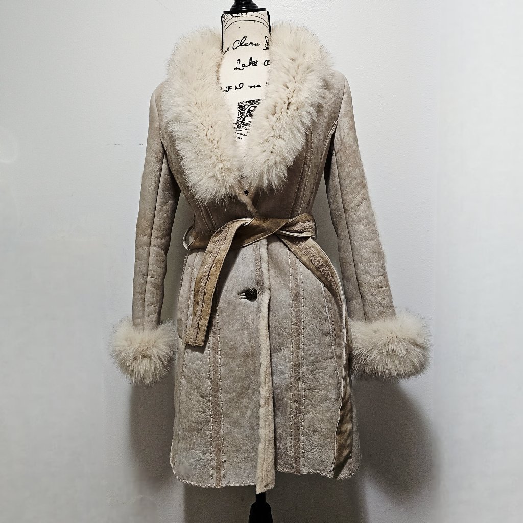 Newmerino Toscana Sheepskin Shearling Lamb Fur Coat Jacket Fox Taupe Stone Suede